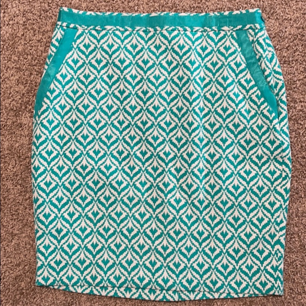 Teal Patterned Pencil Skirt